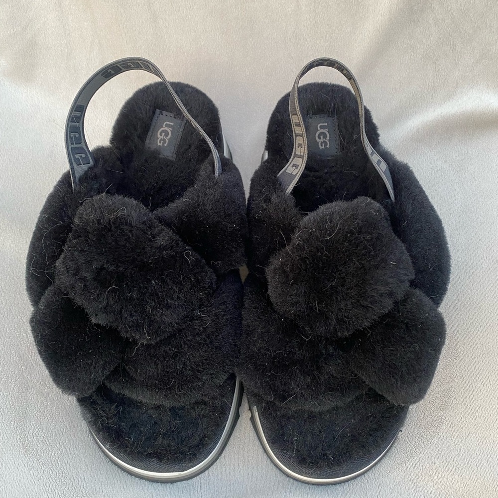 UGG Women's Black Fluffy Slippers - Picture 2 of 5